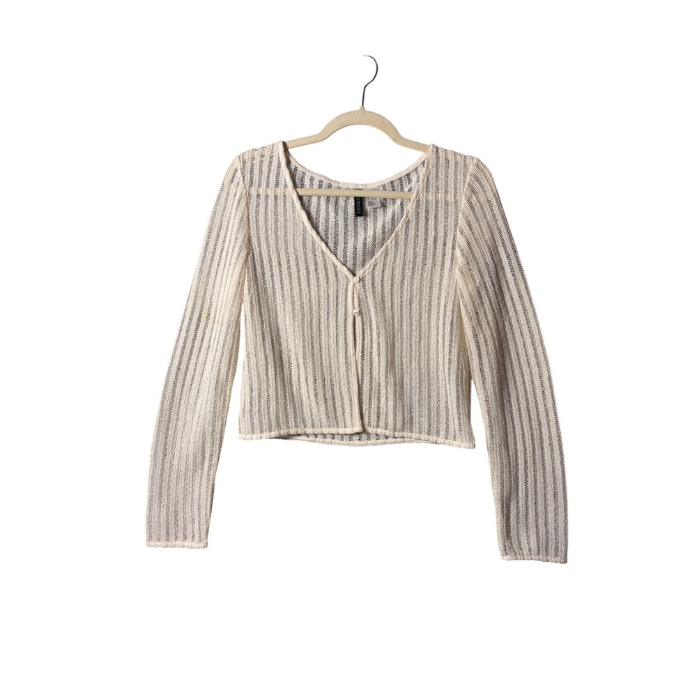 Cream Pointelle Open Knit Cardigan S Cropped Coquette Boho Neutral Cottagecore